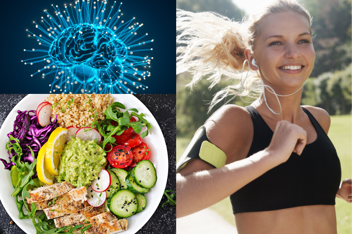 three images showing energy health, woman running in a park, healthy energy boosting salad, and graphic of the brain