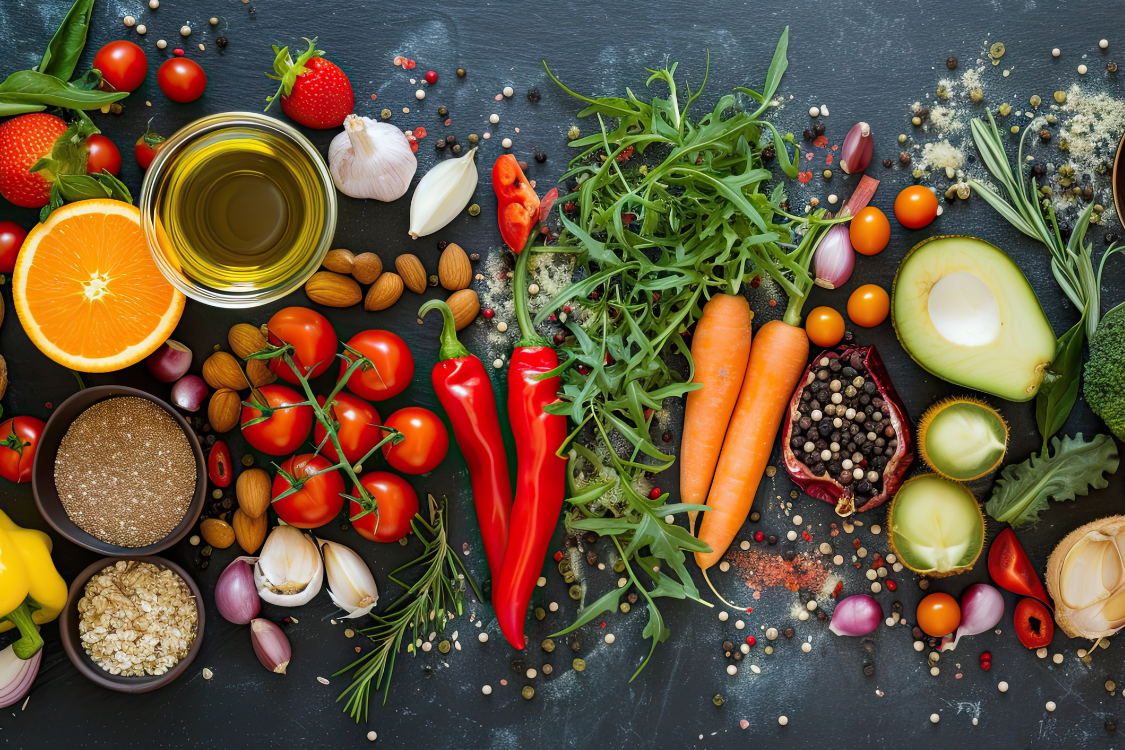 oranges, tomatoes, chillis, avocados, rocket, onions, herbs, on a black background plant phytonutrients and phytochemicals