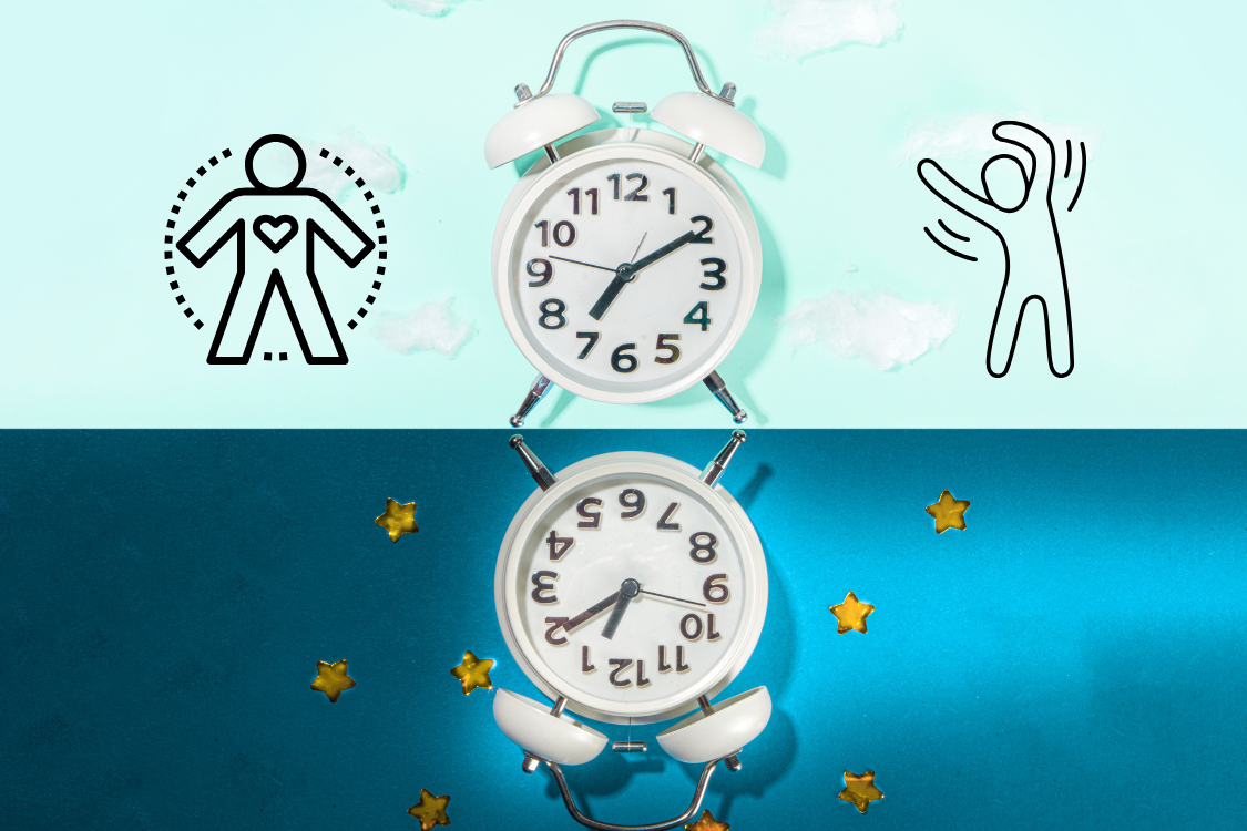 graphic of a clock in the day time and a clock in the nighttime with graphics of dancing people