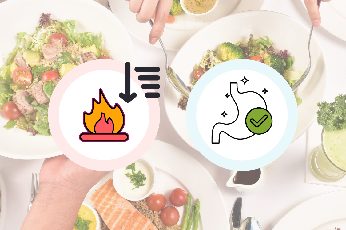 table of healthy food in the background with people's hands, with graphics on top of fire showing inflammation and a healthy gut