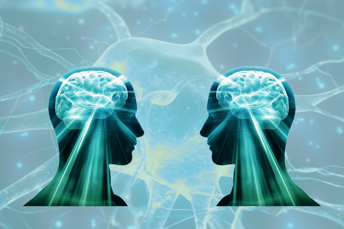 graphic of neurons with two heads and brains on top showing neurology pathways