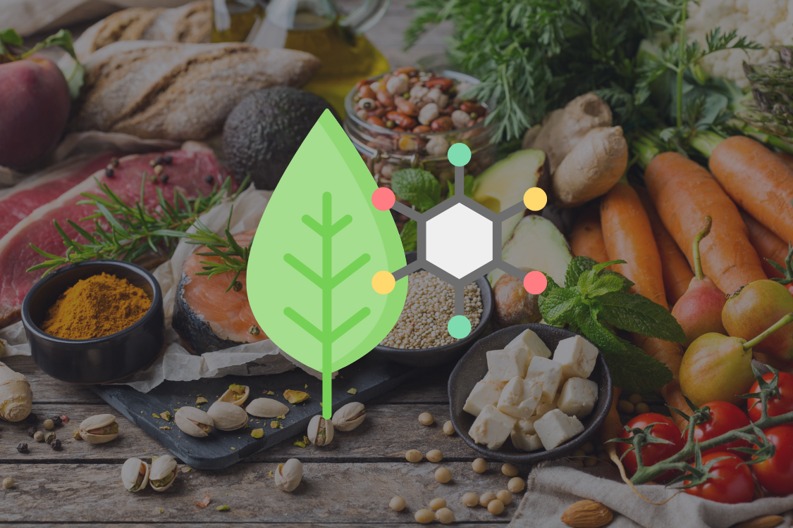 graphic representing plant chemicals on top of a table of food