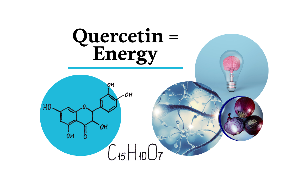 graphic showing quercetin chemical formula, brain neurones, light bulb with brain and red onions as source of quercetin
