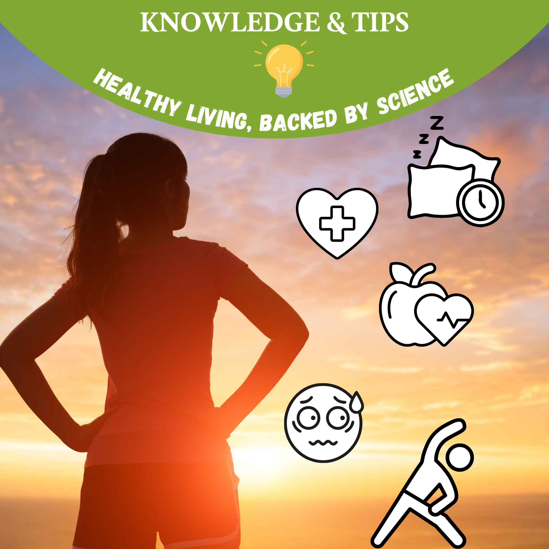 Blog post banner for the article "The 5 Biggest Misconceptions About Everyday Health" – silhouette of a woman at sunset with icons representing health, sleep, nutrition, stress and exercise