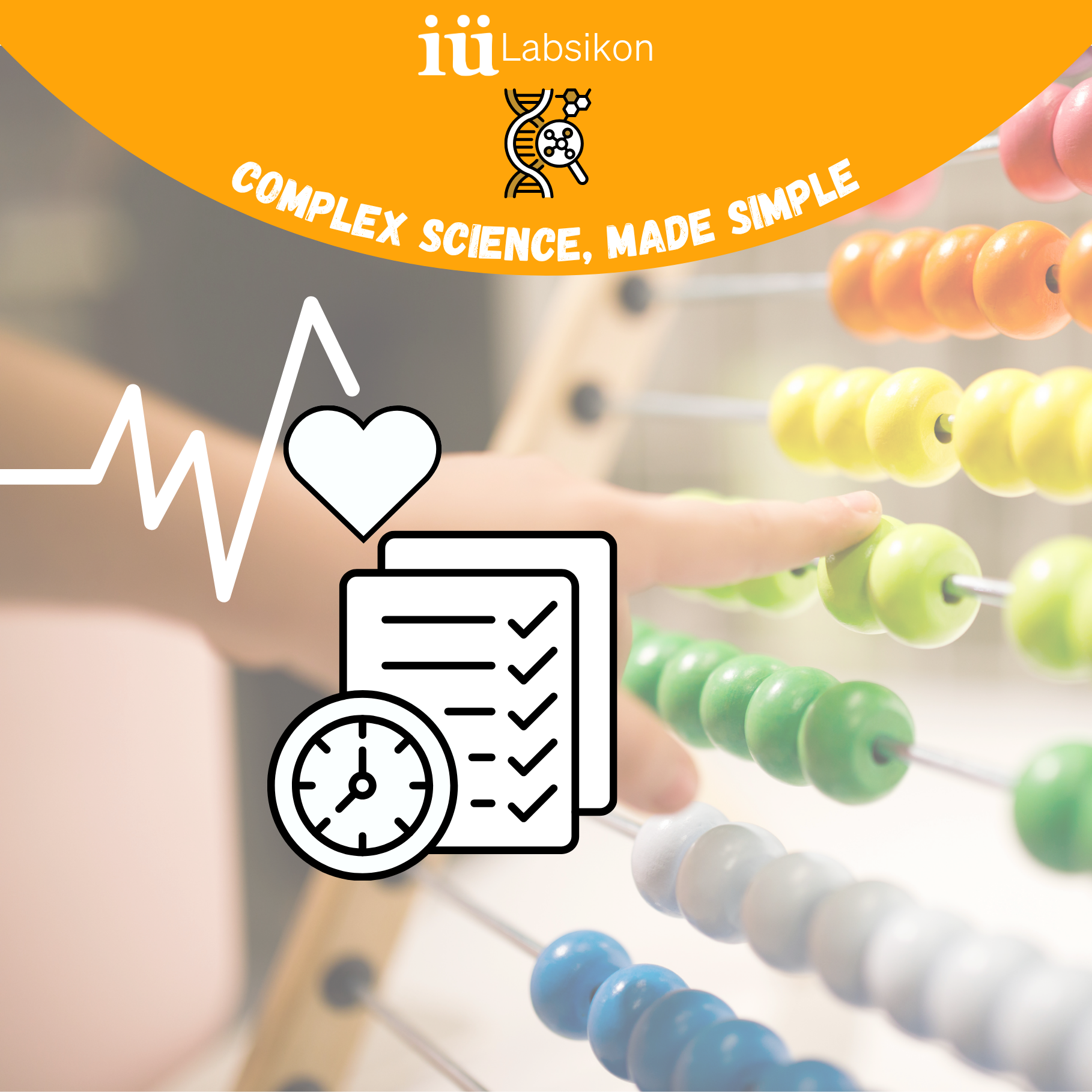 “Illustration of an abacus with heart, checklist, and clock symbols – visualizing biological accumulation and the long-term impact of daily habits on health and energy